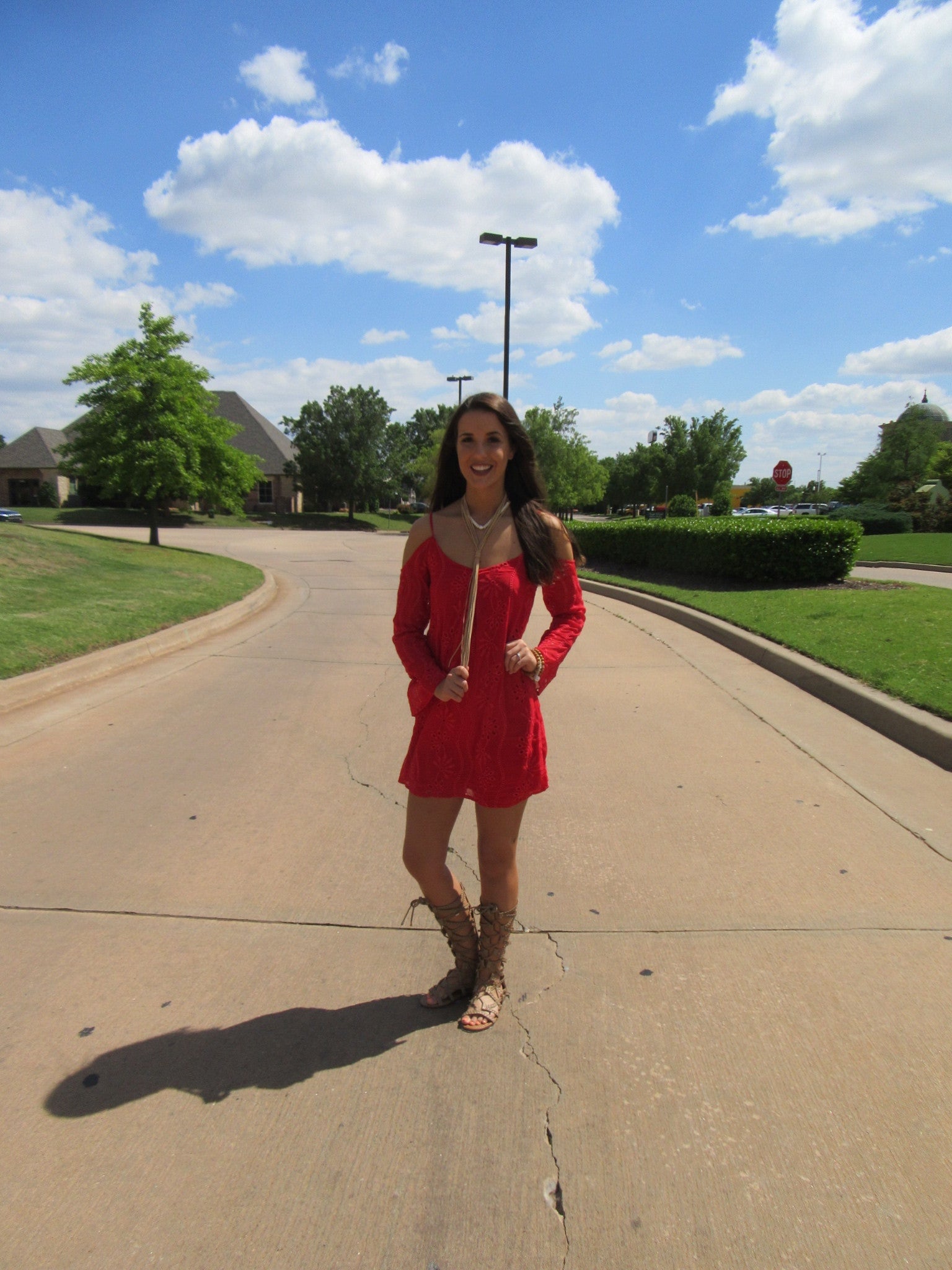 NOSTALGIA Eyelet Embroidered Cold Shoulder Dress