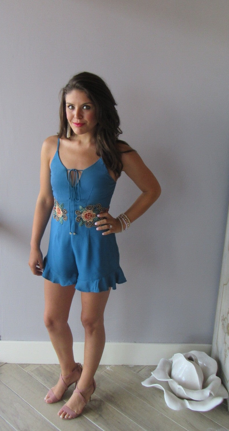 DUBAI Floral Embroider Appliqué RuffleHem Short Romper