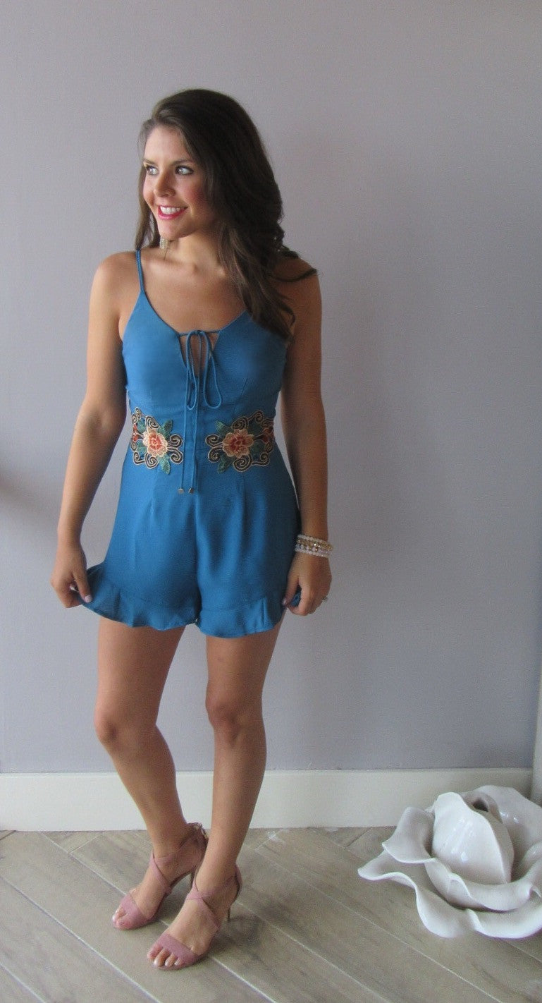 DUBAI Floral Embroider Appliqué RuffleHem Short Romper