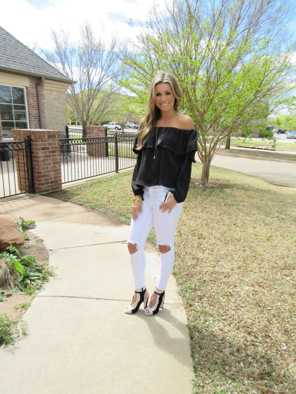 GRANDSTAND Matte Satin Ruffled OffShoulder Top