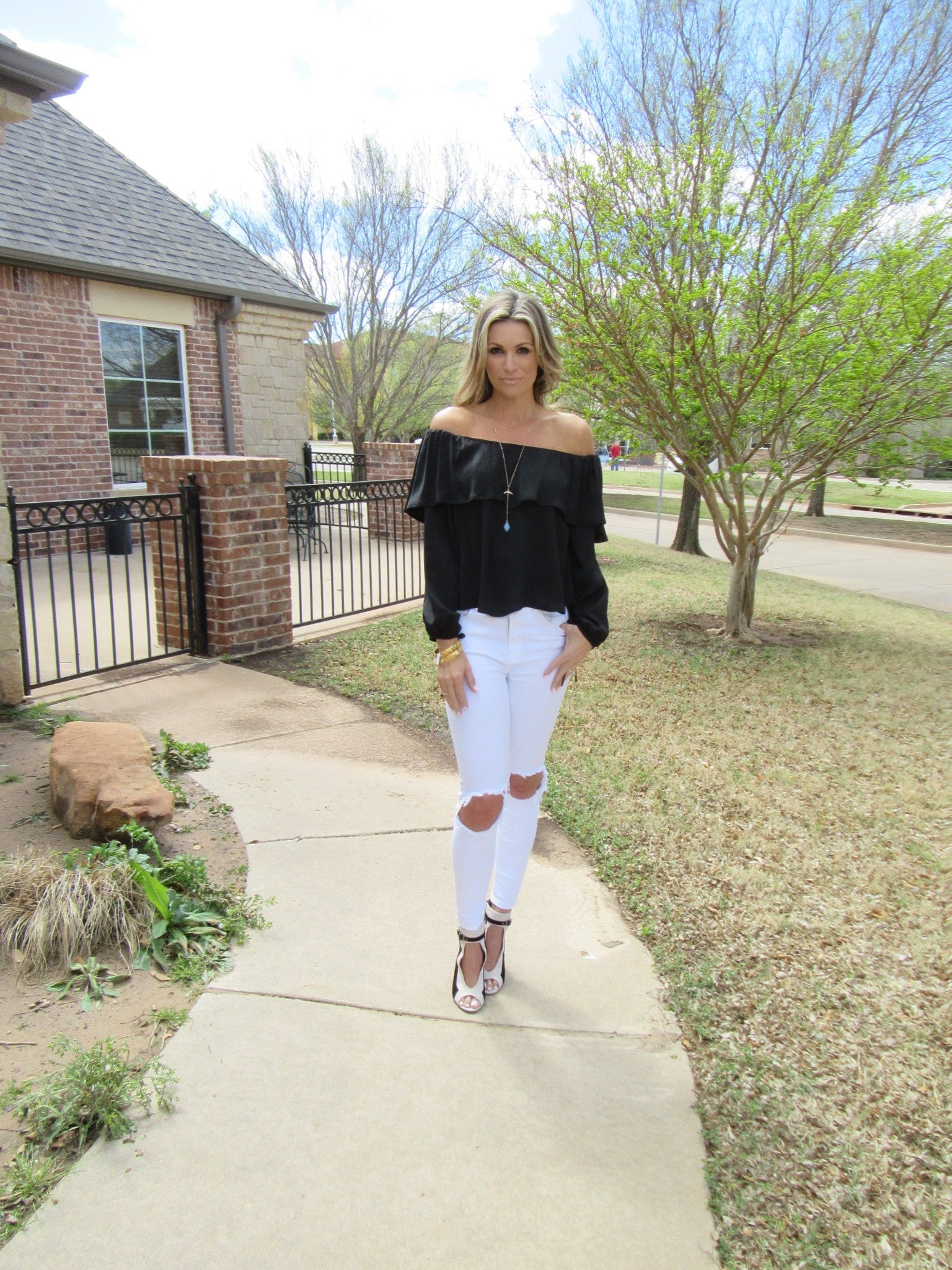 GRANDSTAND Matte Satin Ruffled OffShoulder Top