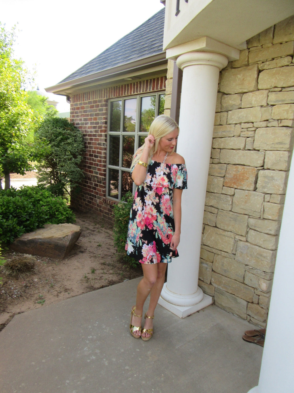 SECRET GARDEN Floral Ruffled OffShoulder Jersey Knit Dress