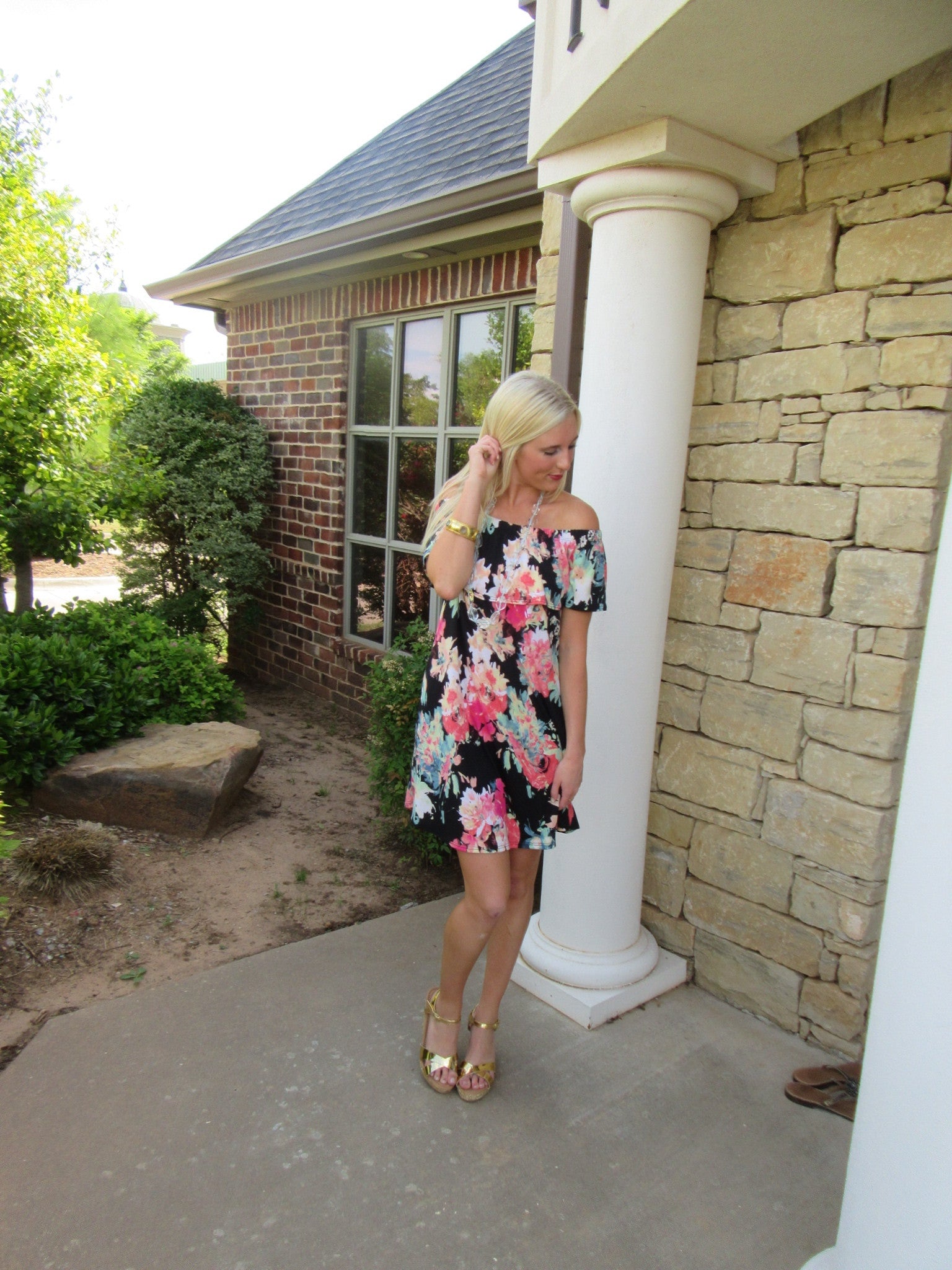 SECRET GARDEN Floral Ruffled OffShoulder Jersey Knit Dress