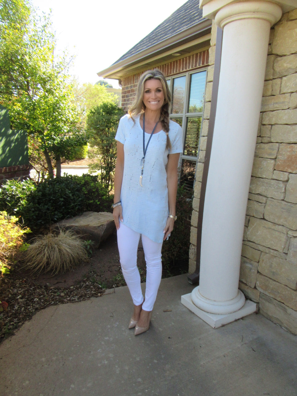 BOBI Hydrangea HESTON Distressed Holey Asymmetric Slub Tunic Top