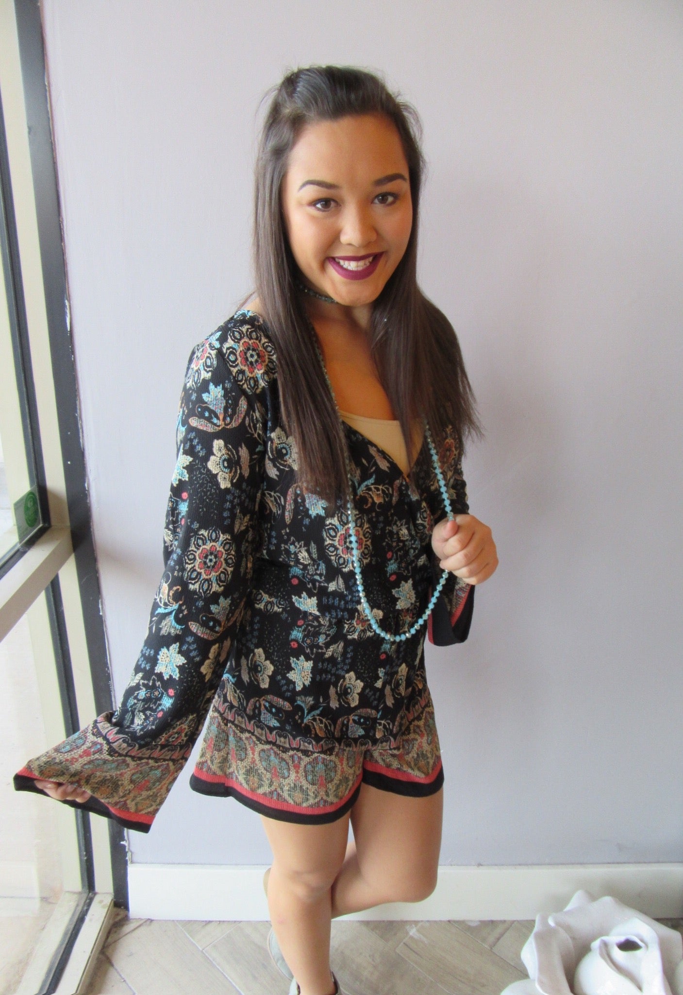 PROSPECT Paisley BorderPrint BellSleeve Short Romper