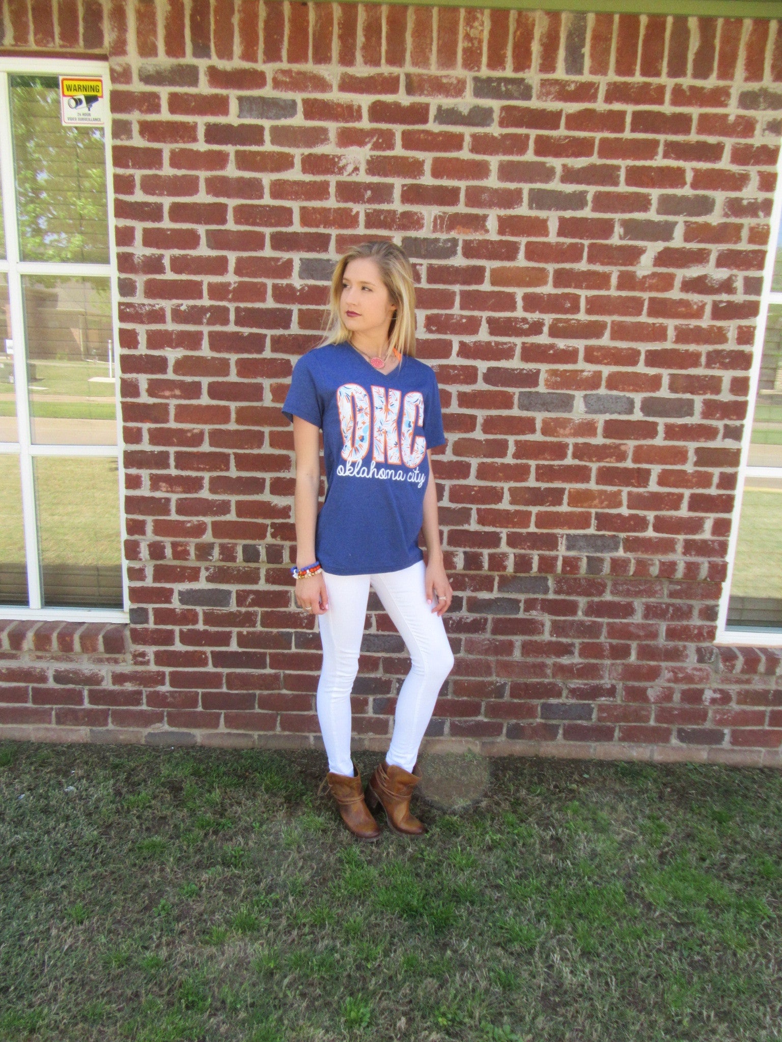 OKC Embroidery Print Oklahoma City V-Neck TriBlend Tee Top