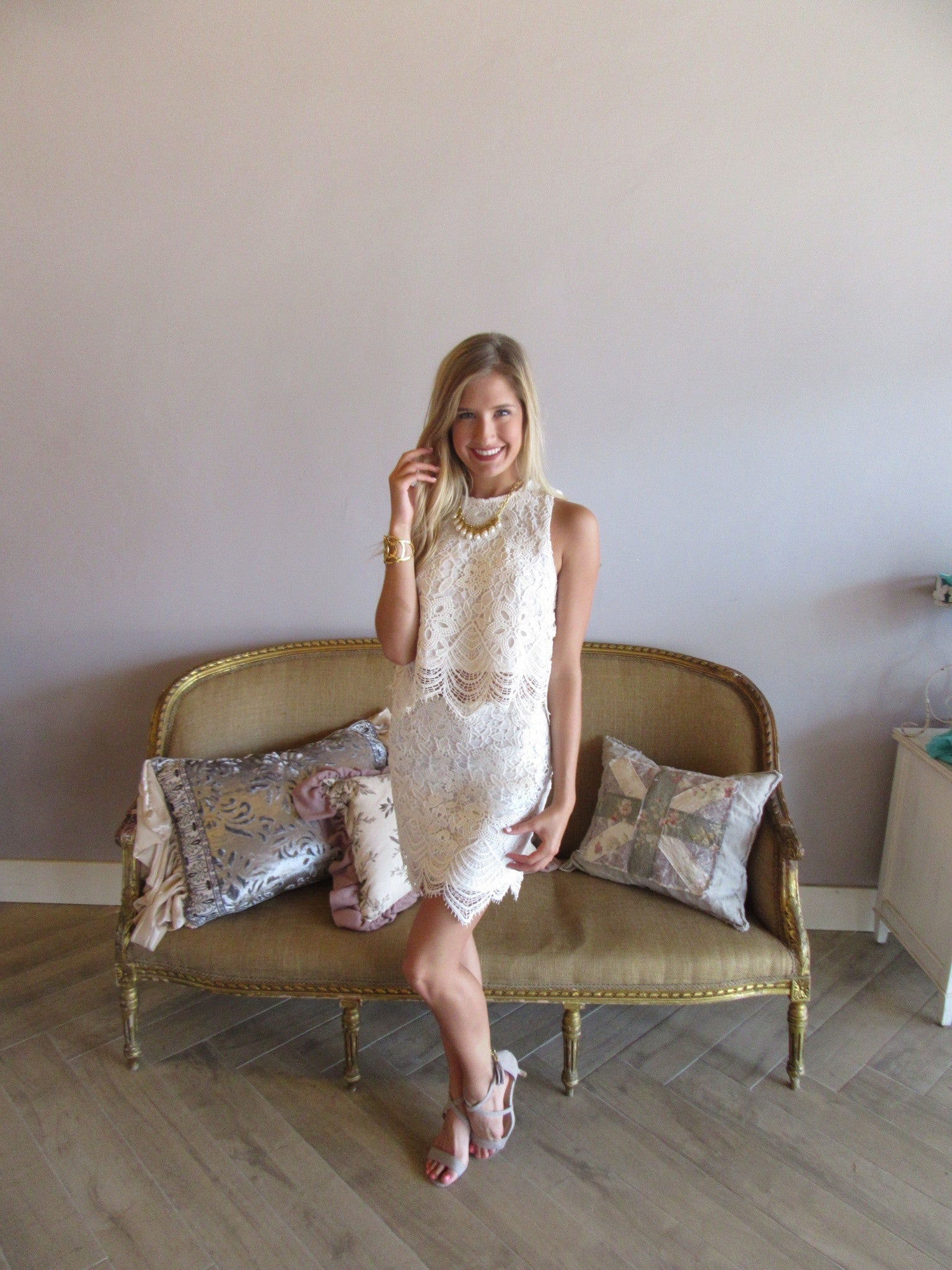 BELIEVER 2pc Battenburg Lace Crop Top/Skirt Set