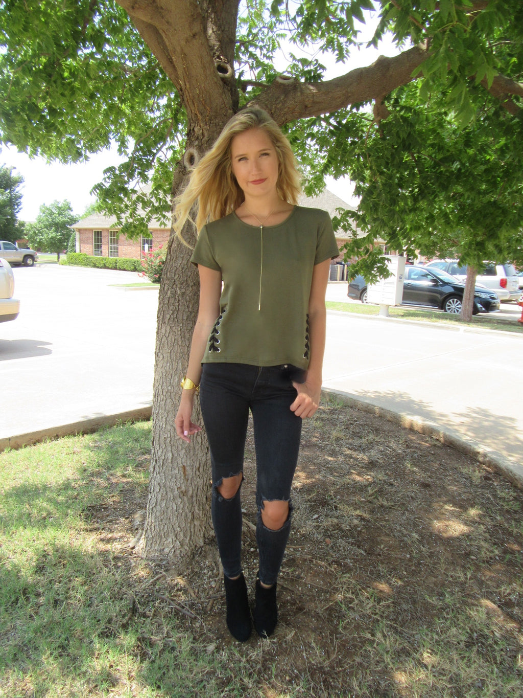 BOBI Army PATROL LaceUp Sides Knit HiLo Top