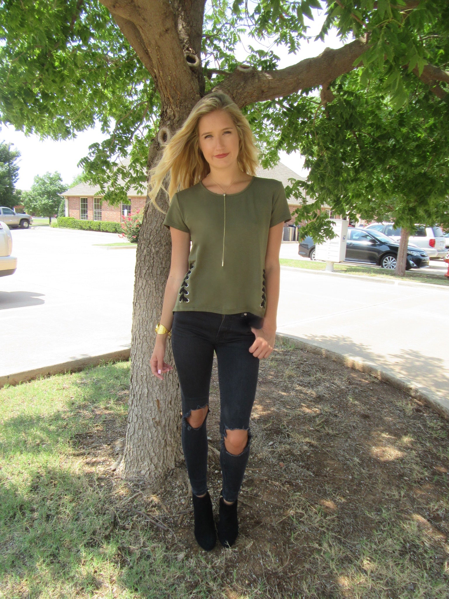 BOBI Army PATROL LaceUp Sides Knit HiLo Top