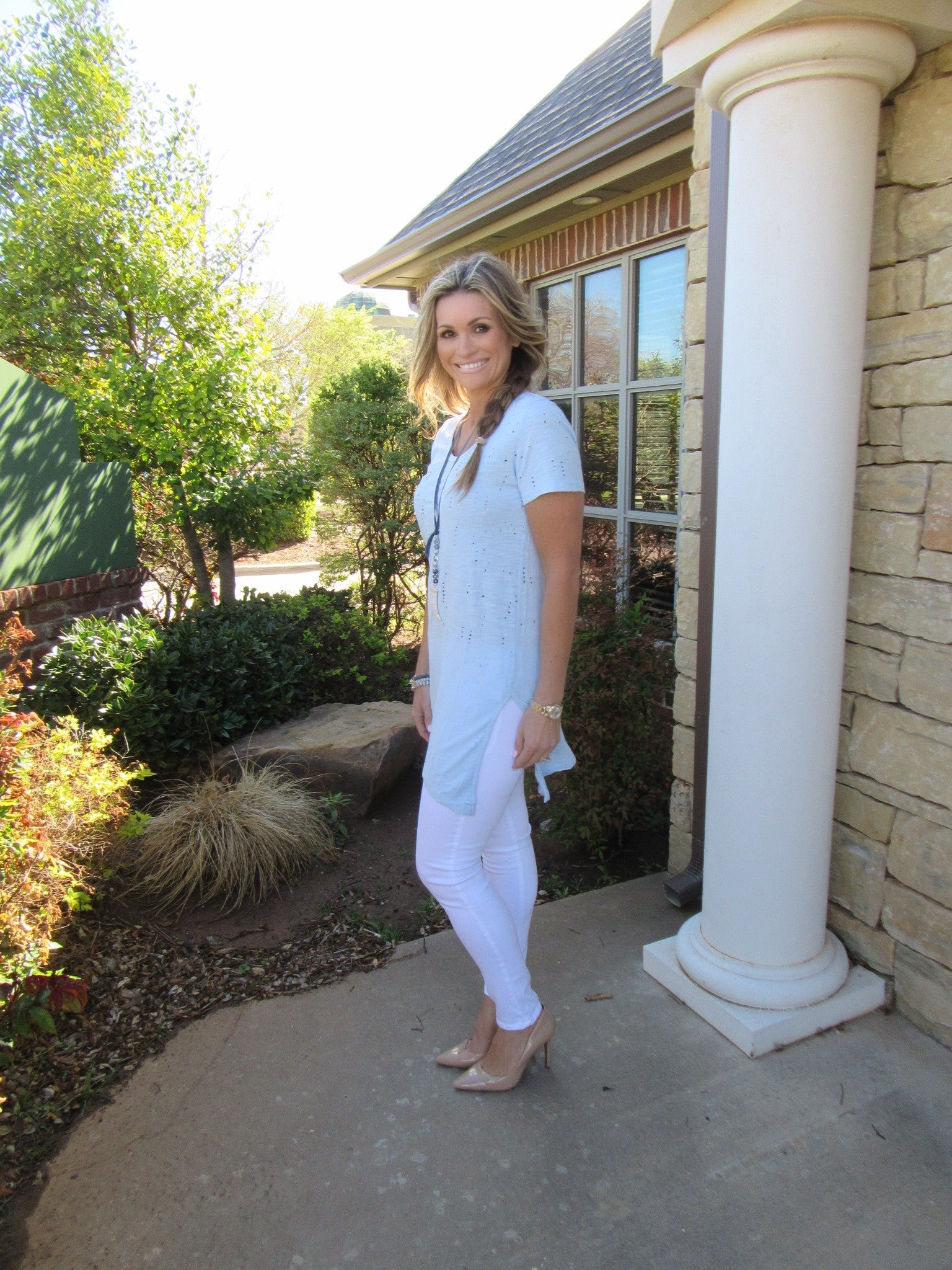 BOBI Hydrangea HESTON Distressed Holey Asymmetric Slub Tunic Top