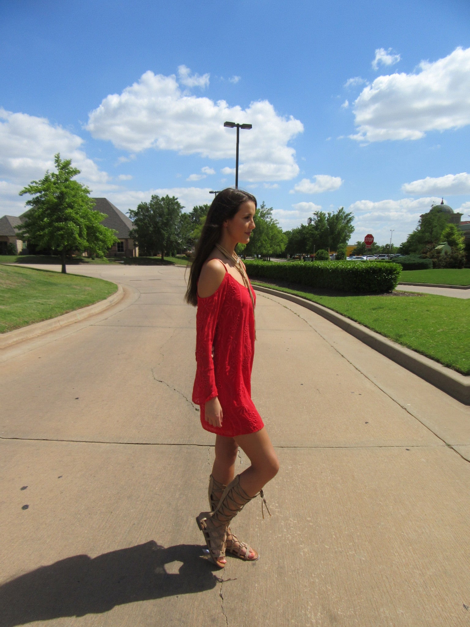 NOSTALGIA Eyelet Embroidered Cold Shoulder Dress