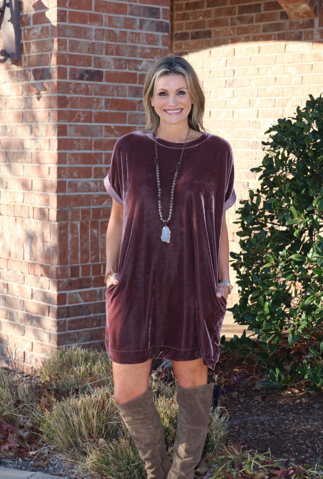 MY WISH Velvet Roll Sleeve ScoopHem Tunic Dress