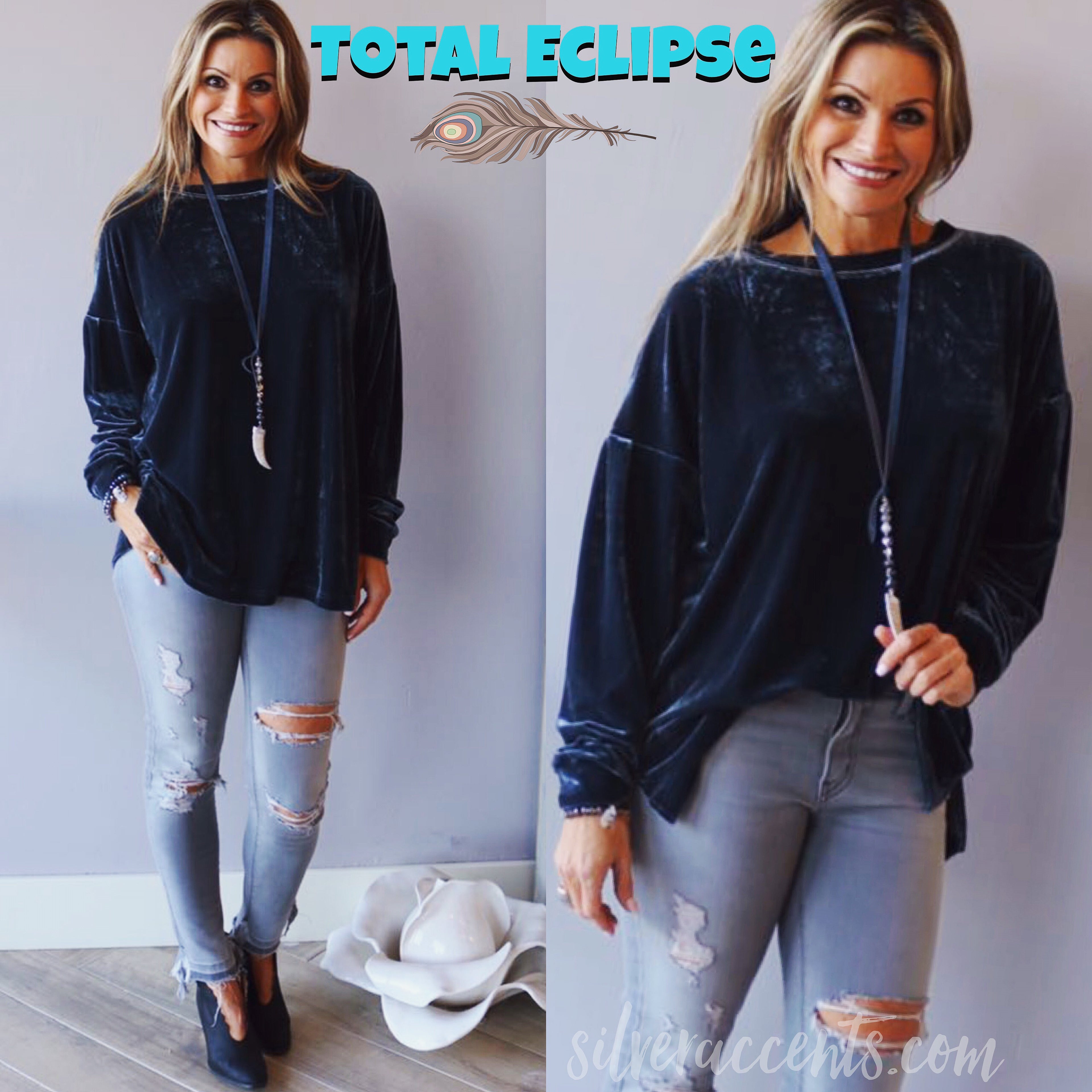 TOTAL ECLIPSE Velvet DropShoulder LongLeeve CrewNeck Top
