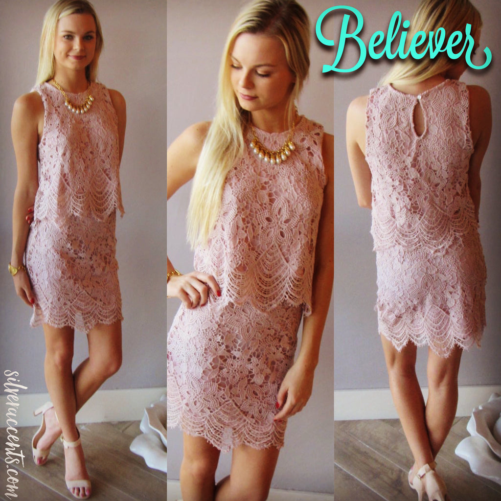 BELIEVER 2pc Battenburg Lace Crop Top/Skirt Set