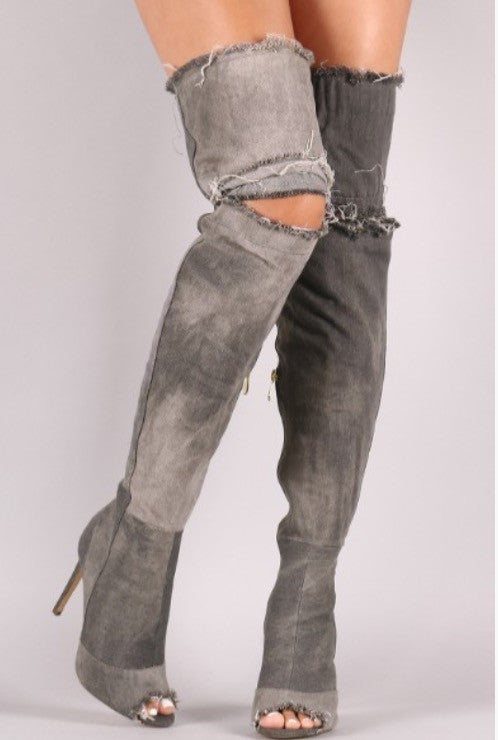KIMMY Thigh High Distressed Denim Peeptoe Boot