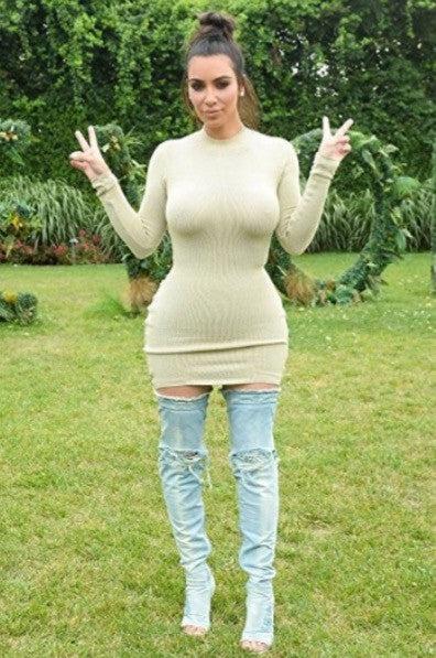 KIMMY Thigh High Distressed Denim Peeptoe Boot