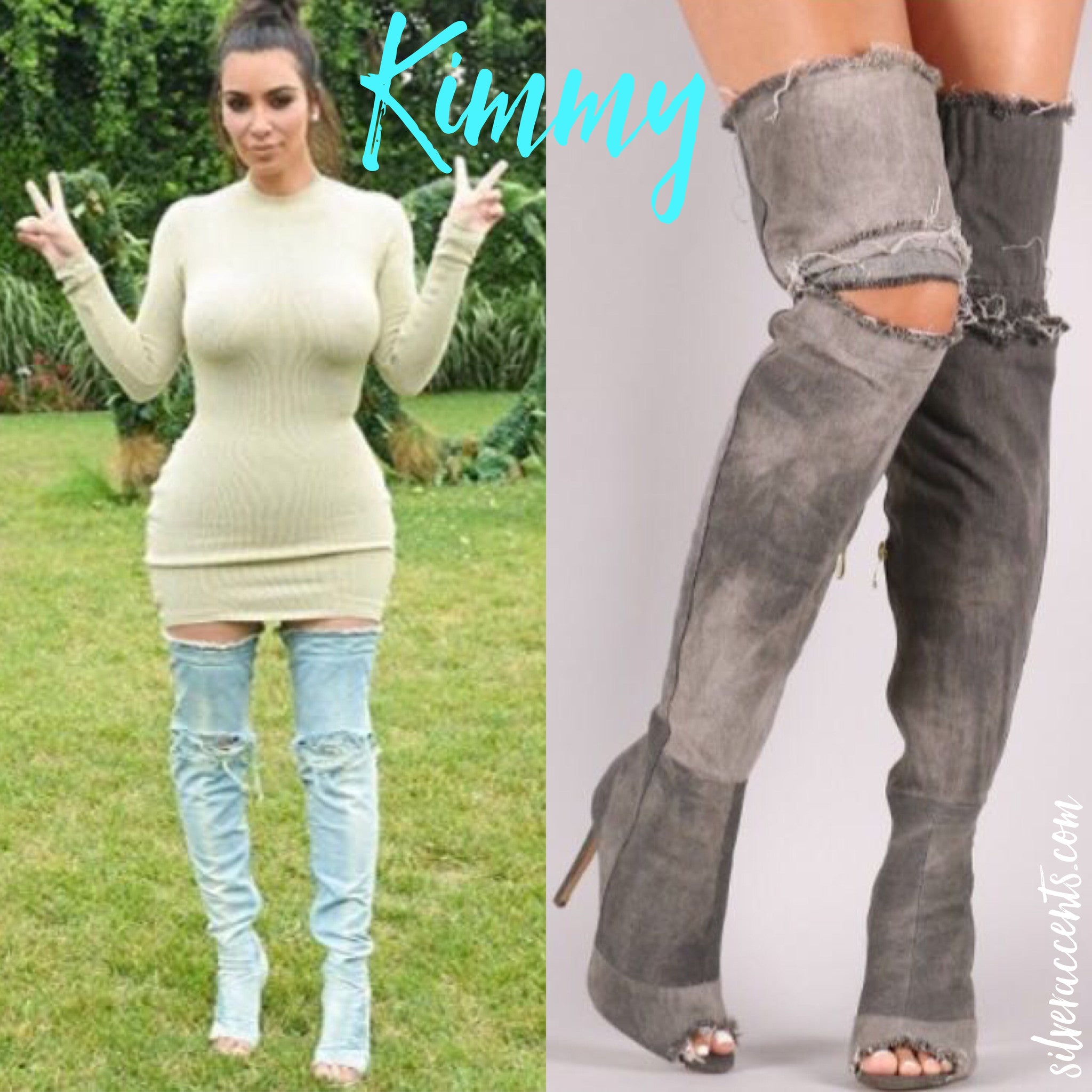 KIMMY Thigh High Distressed Denim Peeptoe Boot