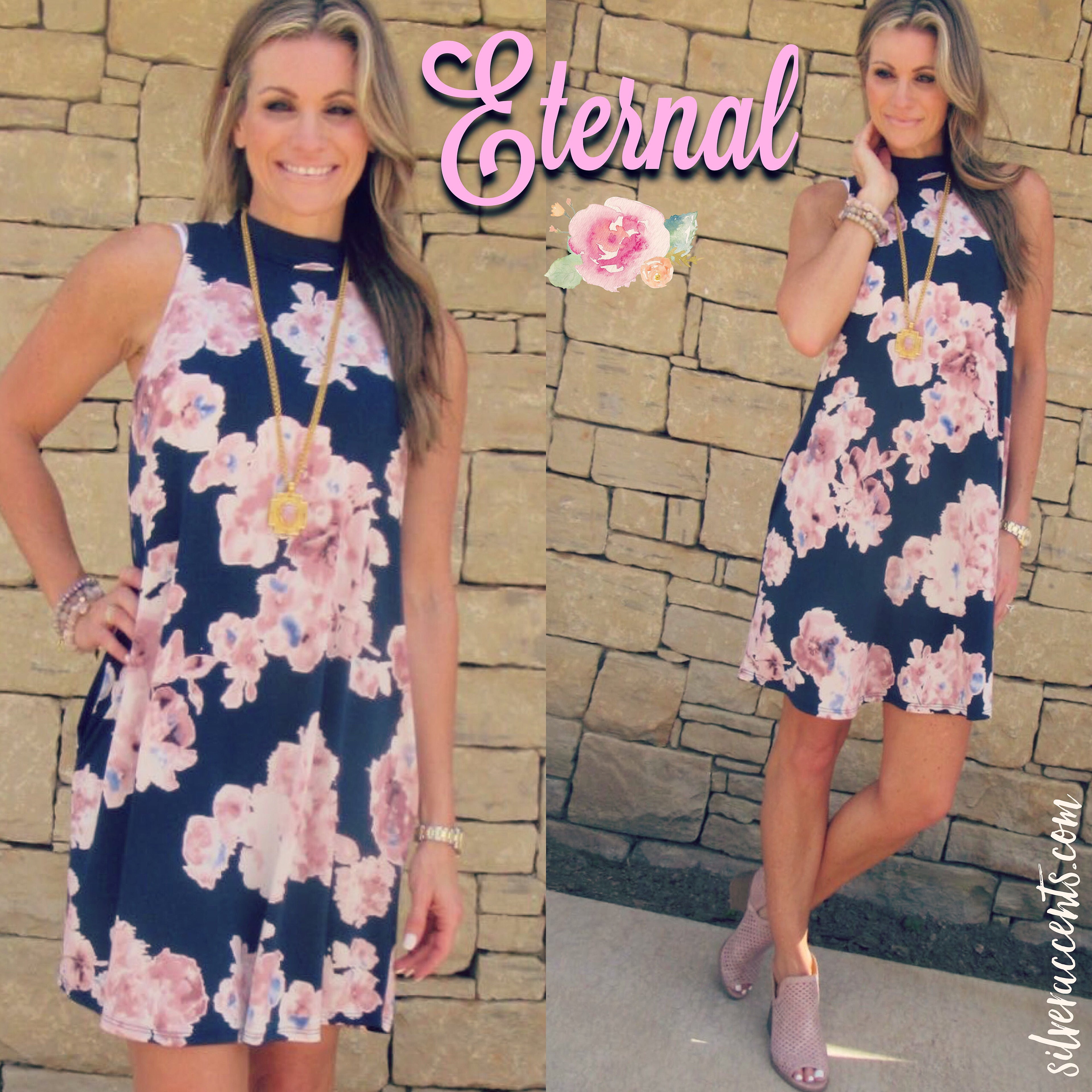 ETERNAL Floral Sleeveless MockNeck StretchKnit Dress