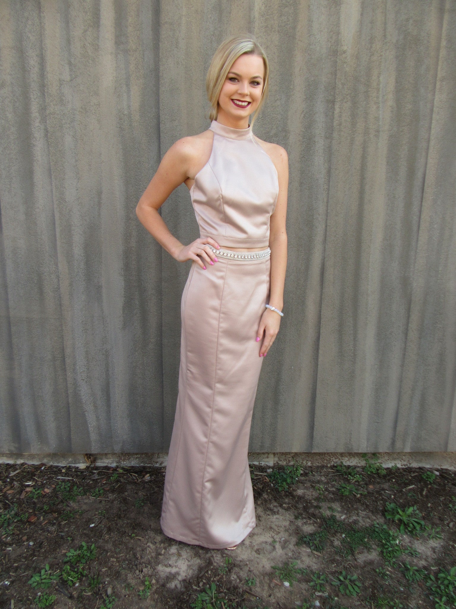 GALA 2pc Satin Crystal Embellished Strappy Back Dress