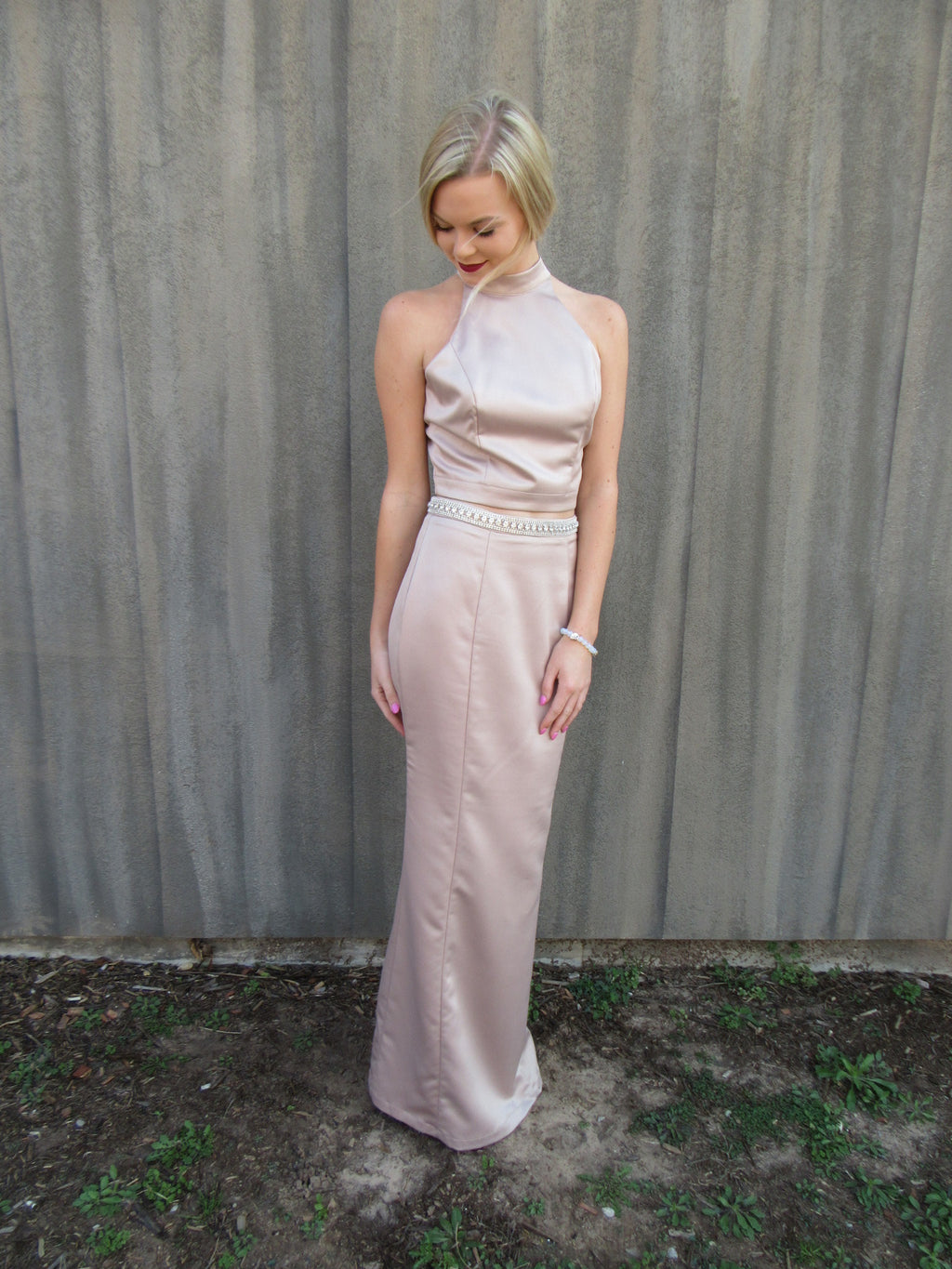 GALA 2pc Satin Crystal Embellished Strappy Back Dress