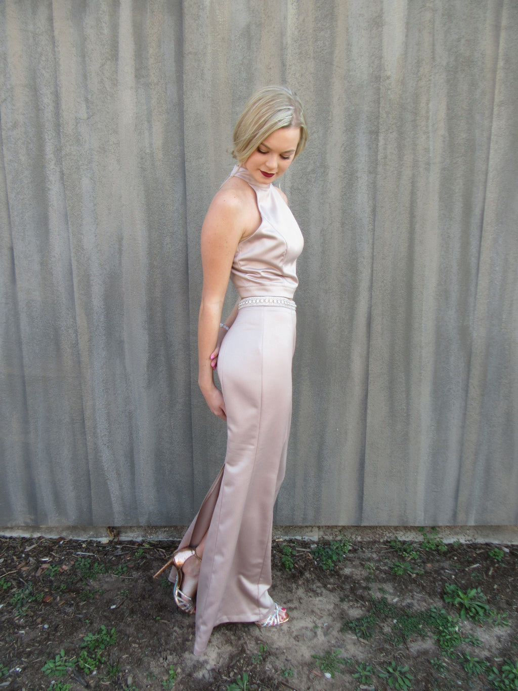 GALA 2pc Satin Crystal Embellished Strappy Back Dress