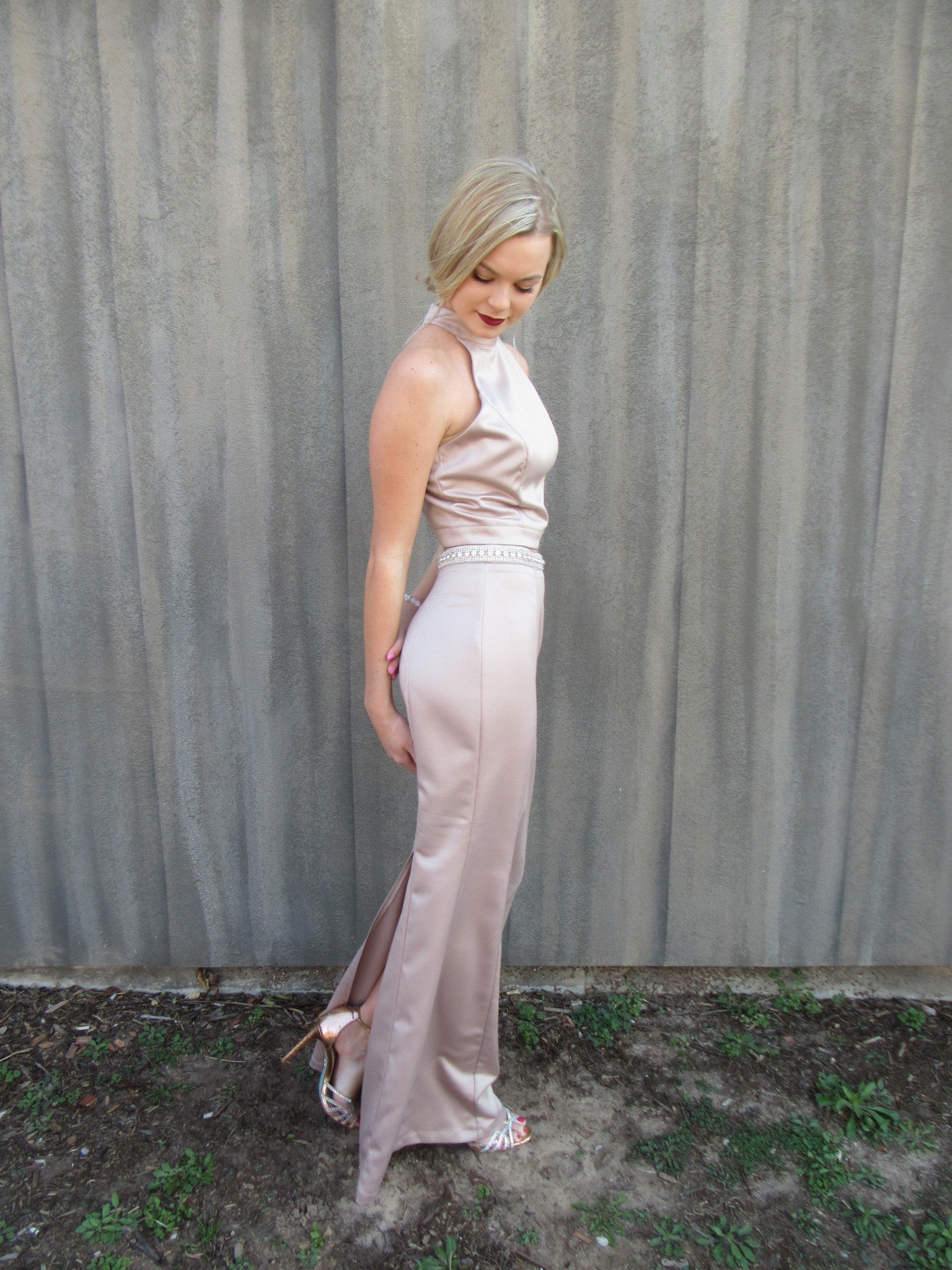 GALA 2pc Satin Crystal Embellished Strappy Back Dress