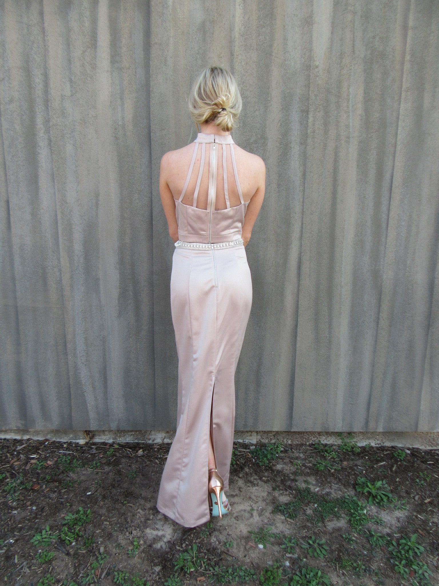 GALA 2pc Satin Crystal Embellished Strappy Back Dress