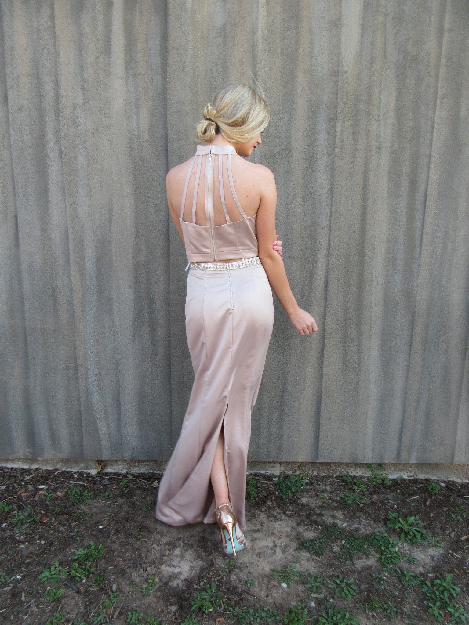 GALA 2pc Satin Crystal Embellished Strappy Back Dress