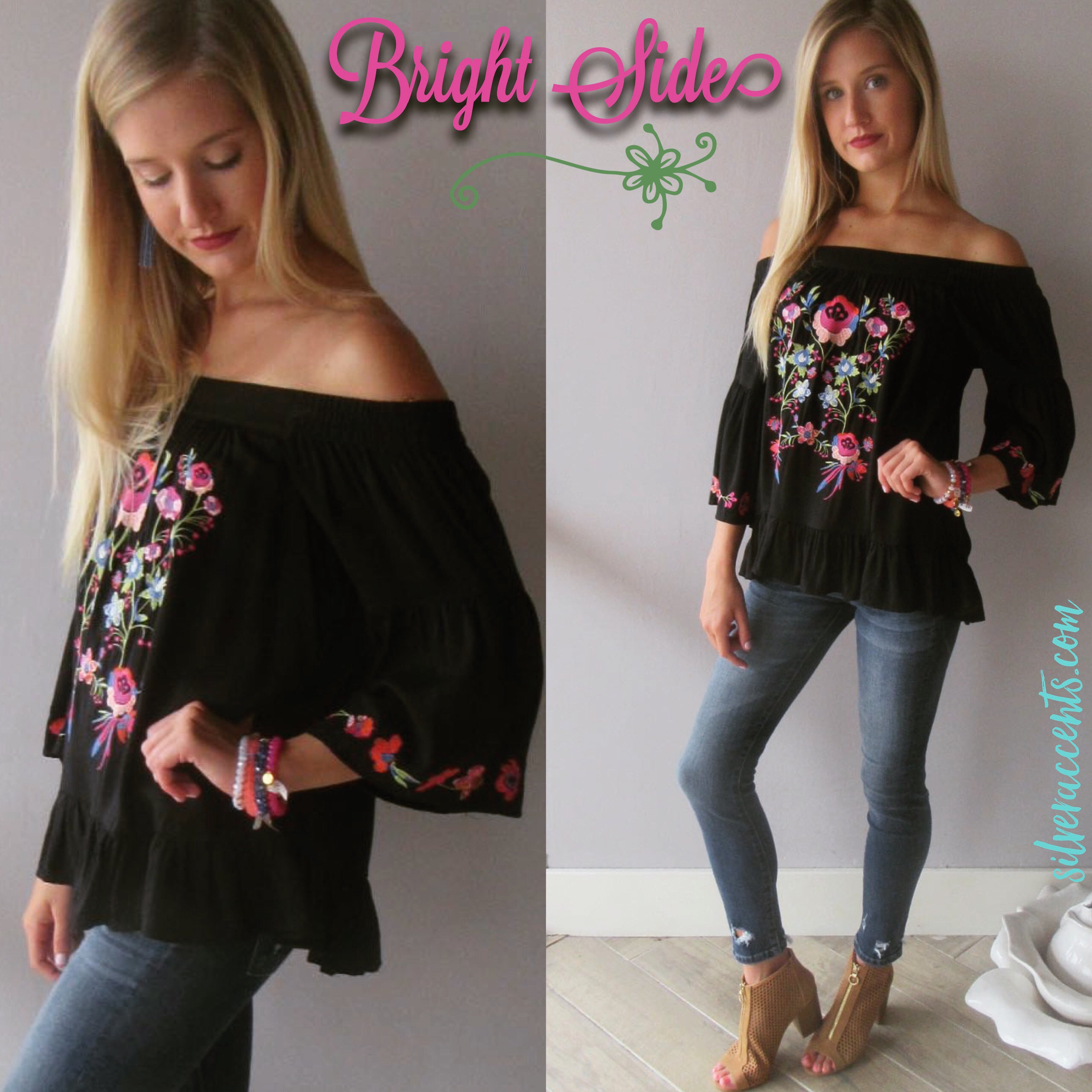 BRIGHT SIDE Embroidered Floral OffShoulder RuffleHem Top