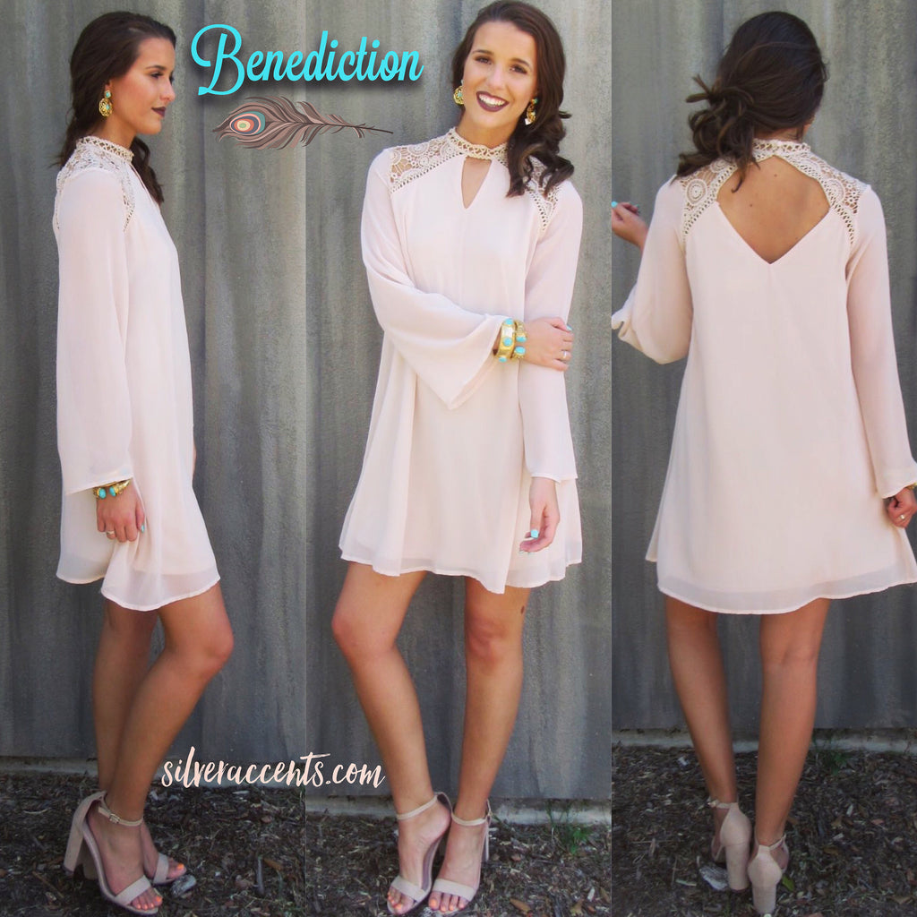 BENEDICTION Lace Contrast BellSleeve Chiffon Sheath Dress