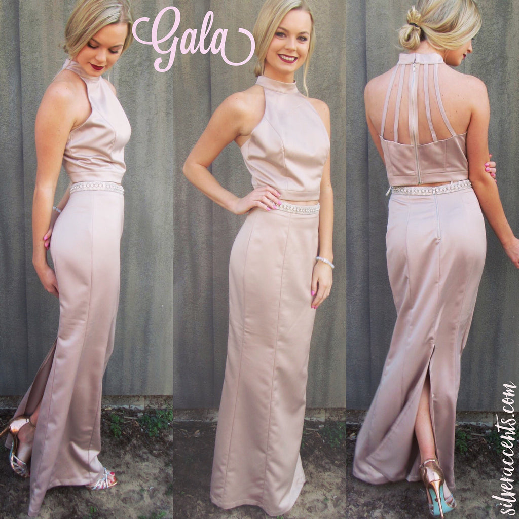 GALA 2pc Satin Crystal Embellished Strappy Back Dress
