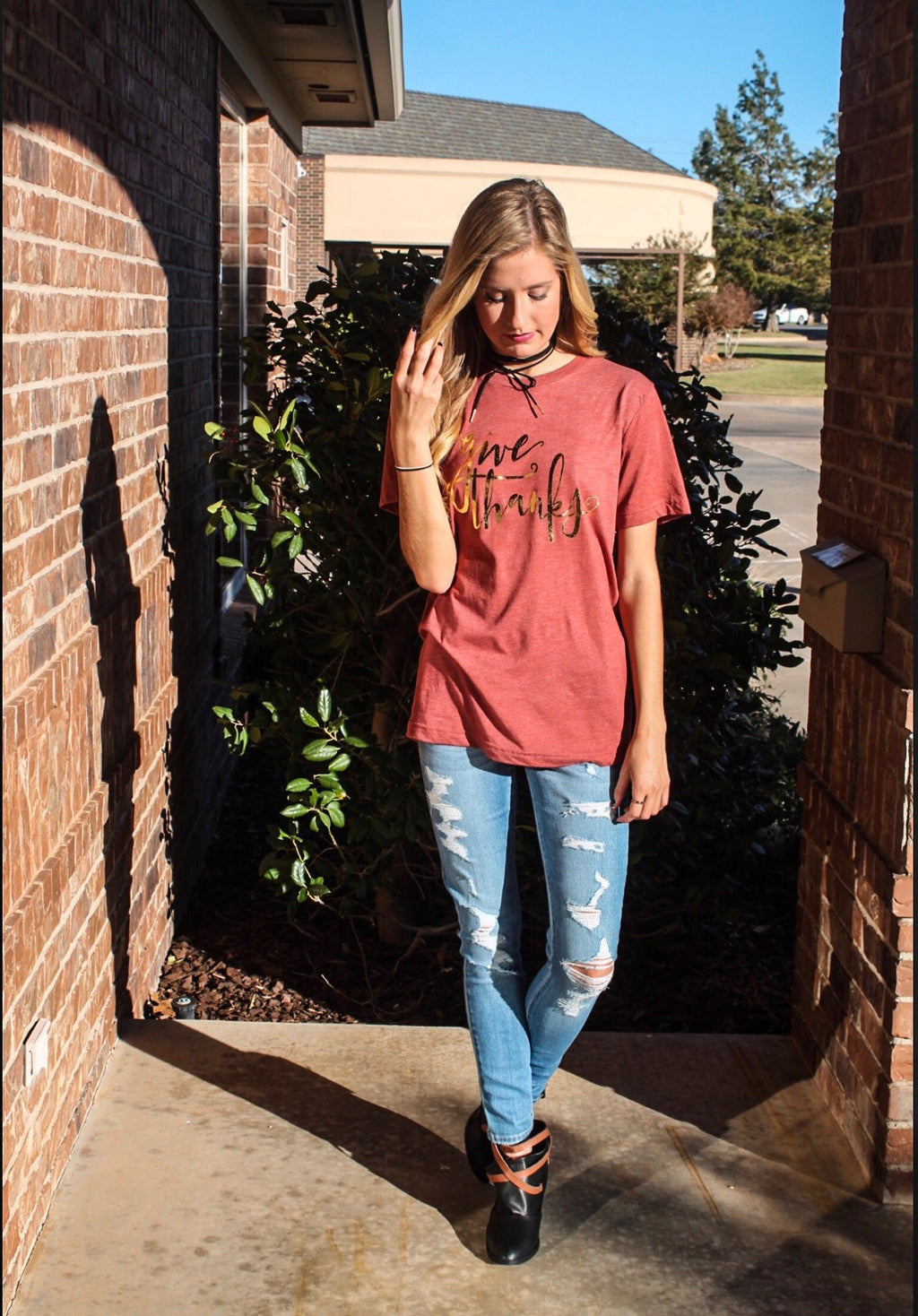 GIVE THANKS Foil Logo Triblend Crewneck Tee Top