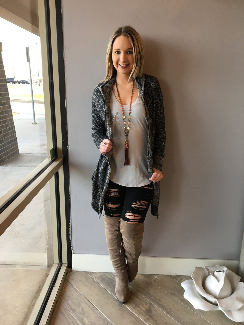 TURN BACK Shirttail Hem Zip Hoodie Tunic Top