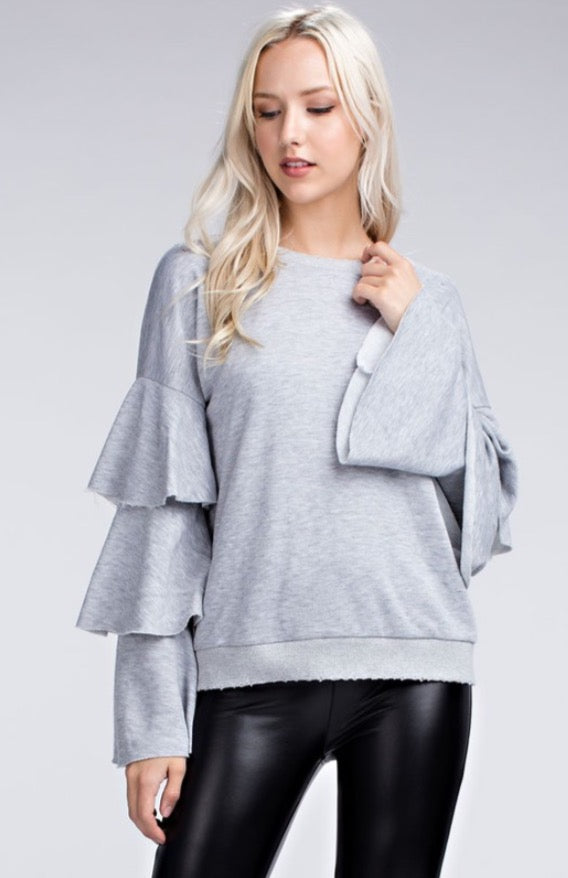 FLAUNT Layered Trumpet Sleeve Distressed Fleece Top