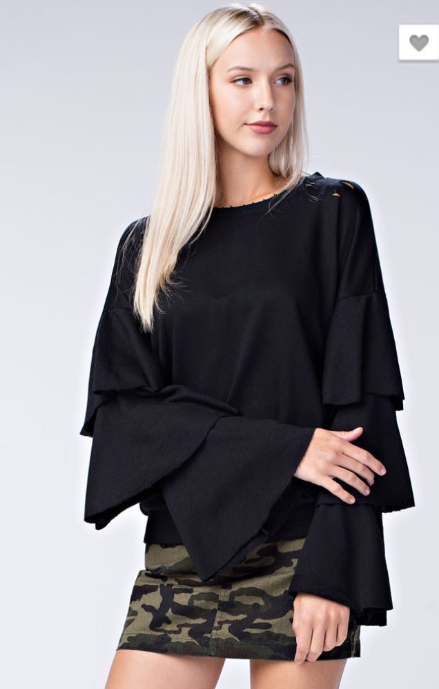 FLAUNT Layered Trumpet Sleeve Distressed Fleece Top