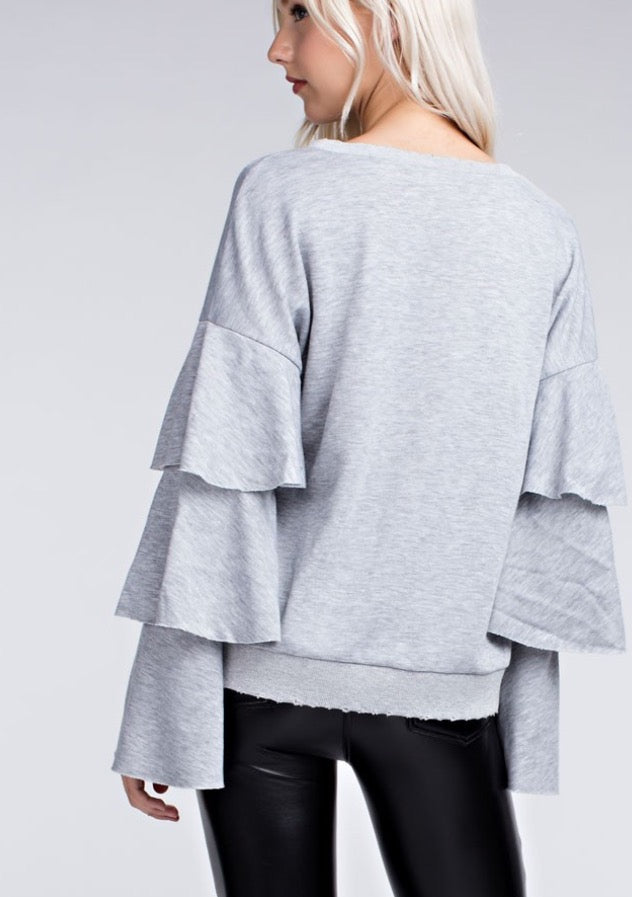 FLAUNT Layered Trumpet Sleeve Distressed Fleece Top