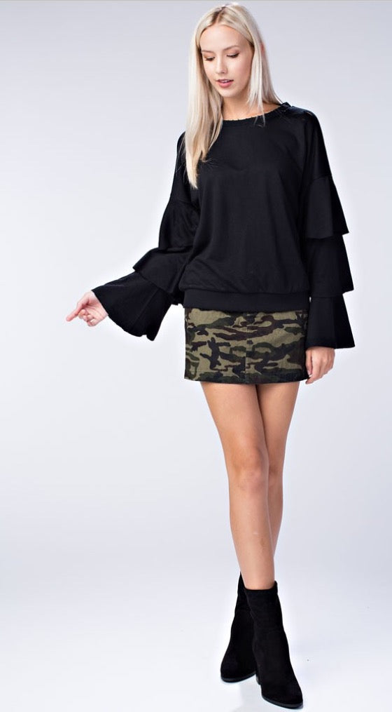 FLAUNT Layered Trumpet Sleeve Distressed Fleece Top