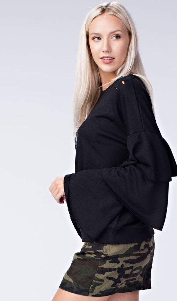 FLAUNT Layered Trumpet Sleeve Distressed Fleece Top