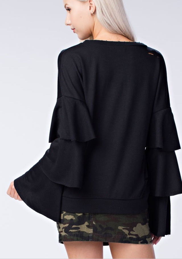 FLAUNT Layered Trumpet Sleeve Distressed Fleece Top