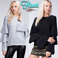 FLAUNT Layered Trumpet Sleeve Distressed Fleece Top