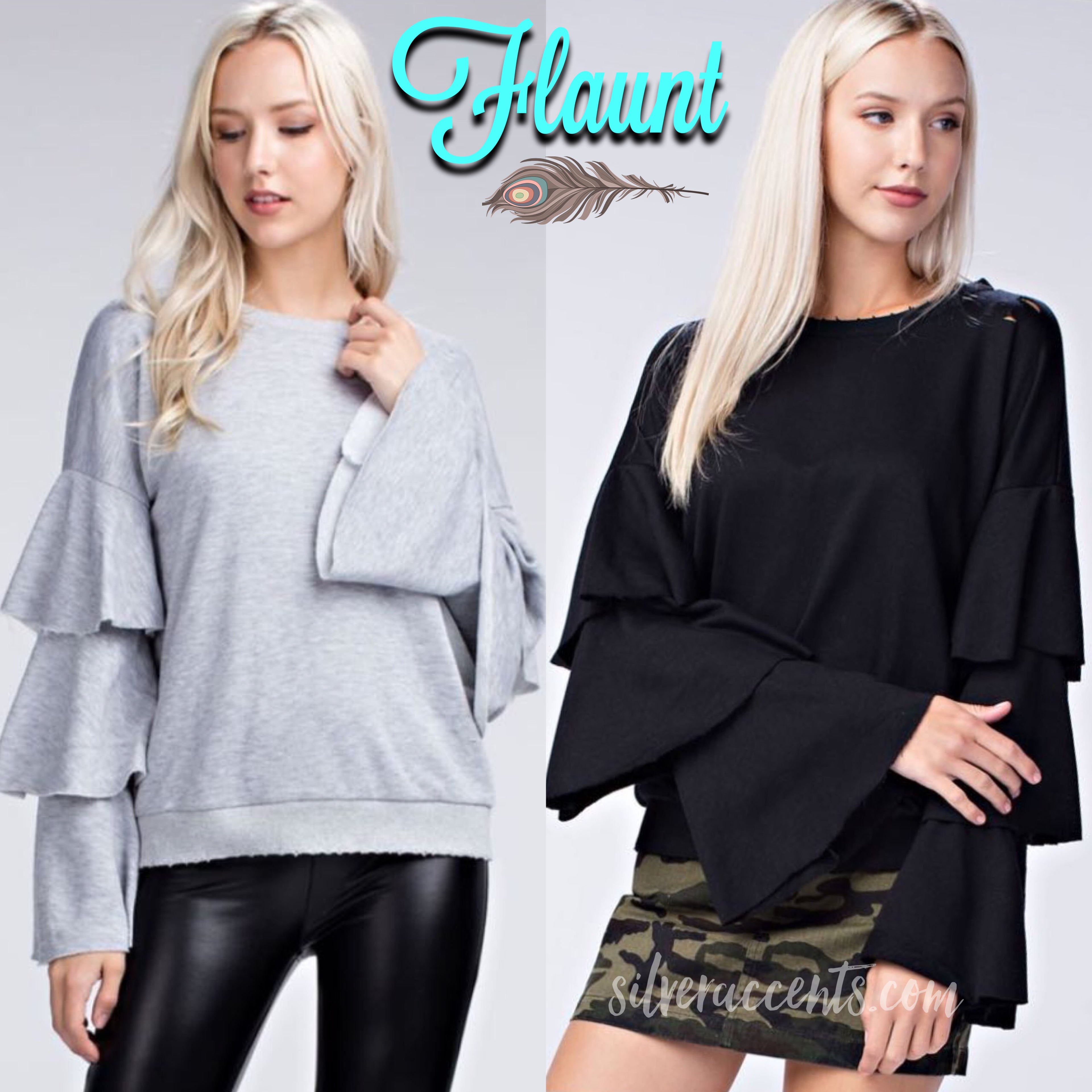 FLAUNT Layered Trumpet Sleeve Distressed Fleece Top