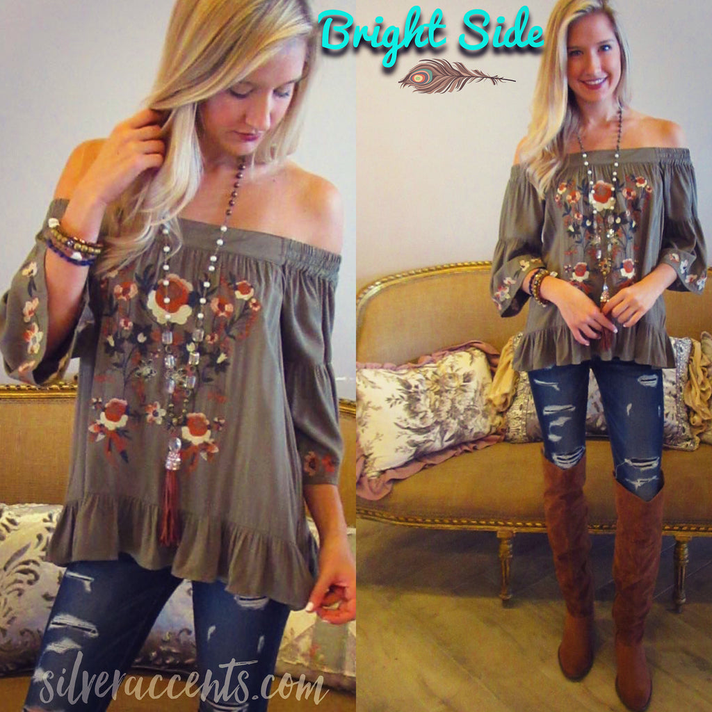 BRIGHT SIDE Embroidered Floral OffShoulder RuffleHem Top