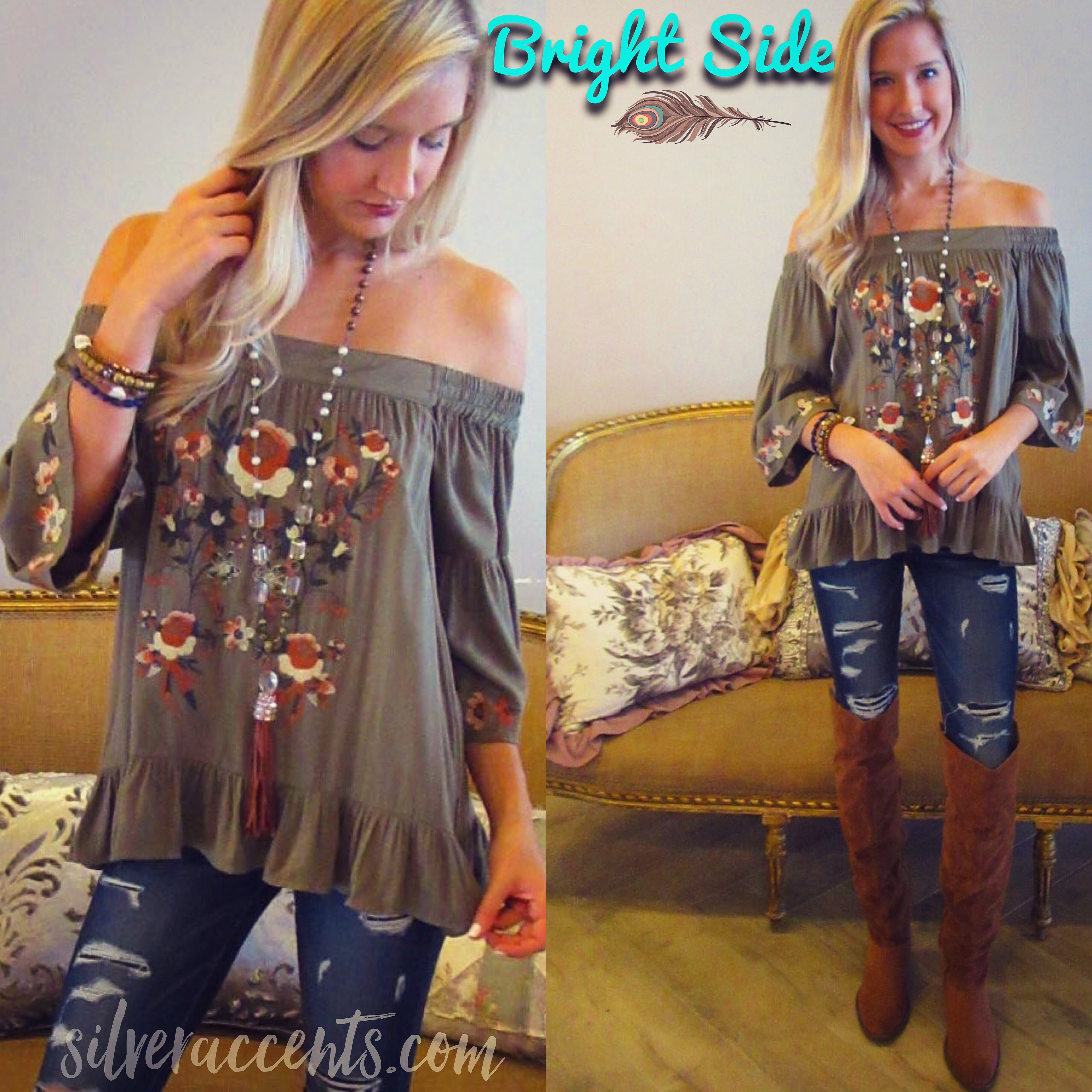 BRIGHT SIDE Embroidered Floral OffShoulder RuffleHem Top