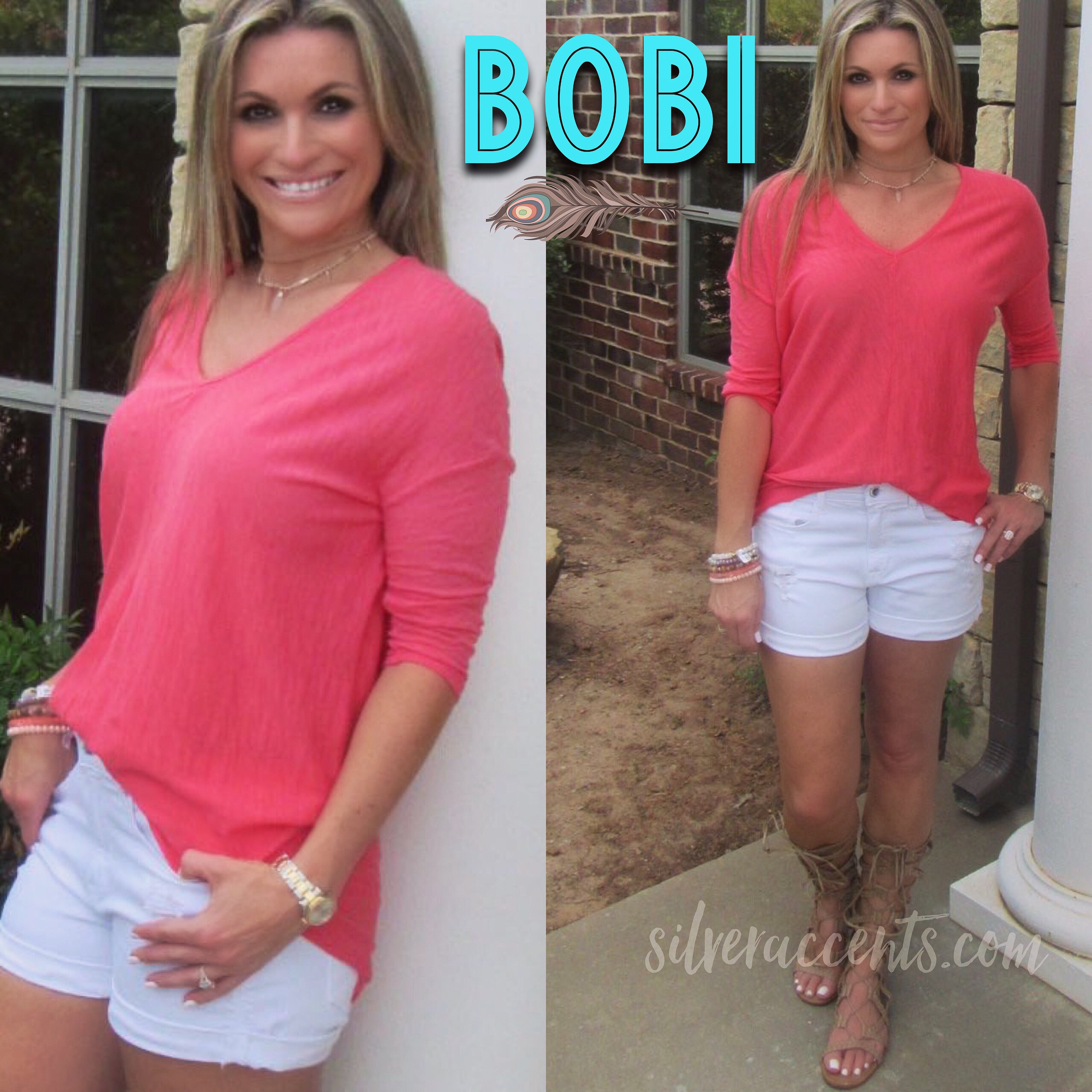 BOBI 3/4 Sleeve WALK ON THE BEACH Slub HiLo V-Neck Tunic Top