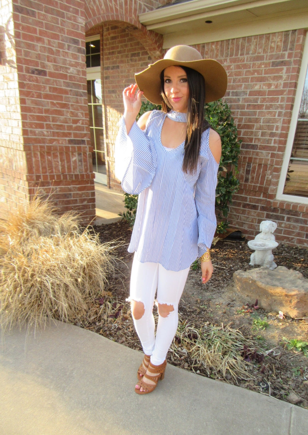 WINCHESTER Navy Pinstripe Cutout Neck ColdShoulder Woven Top