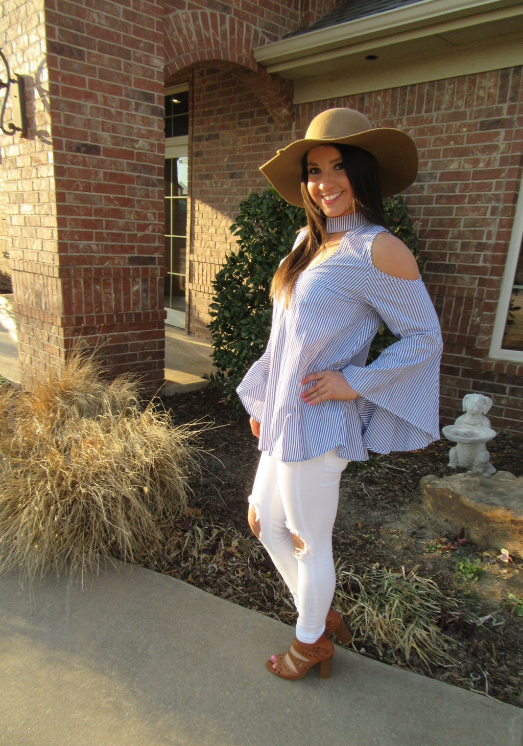 WINCHESTER Navy Pinstripe Cutout Neck ColdShoulder Woven Top