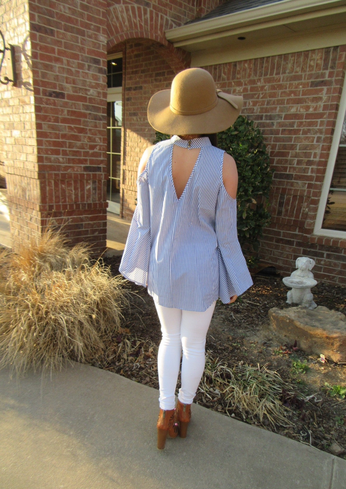 WINCHESTER Navy Pinstripe Cutout Neck ColdShoulder Woven Top