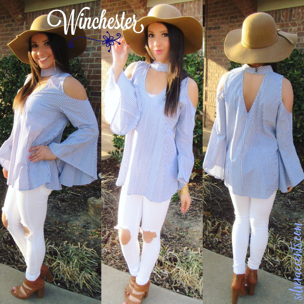 WINCHESTER Navy Pinstripe Cutout Neck ColdShoulder Woven Top