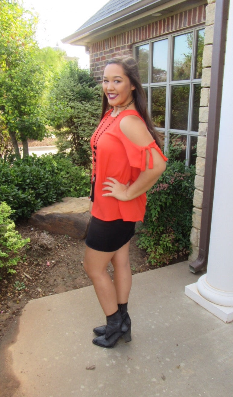 RIVALRY ColdShoulder TieSleeve Woven Top