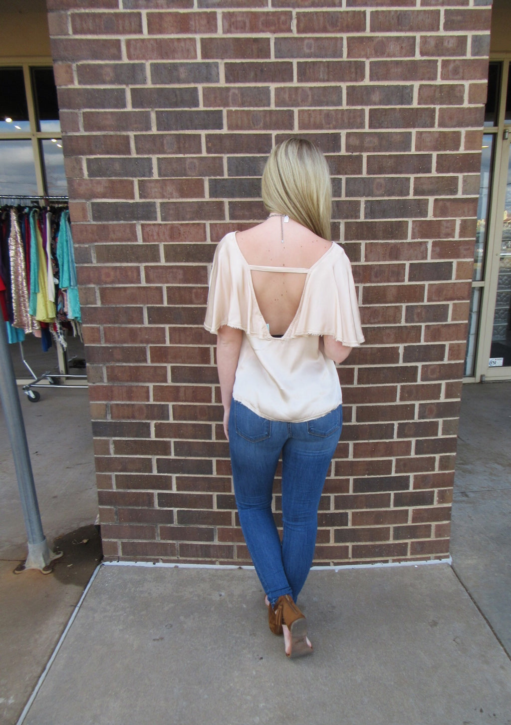 SHASTA Matte Satin V-Neck RuffleBack Top